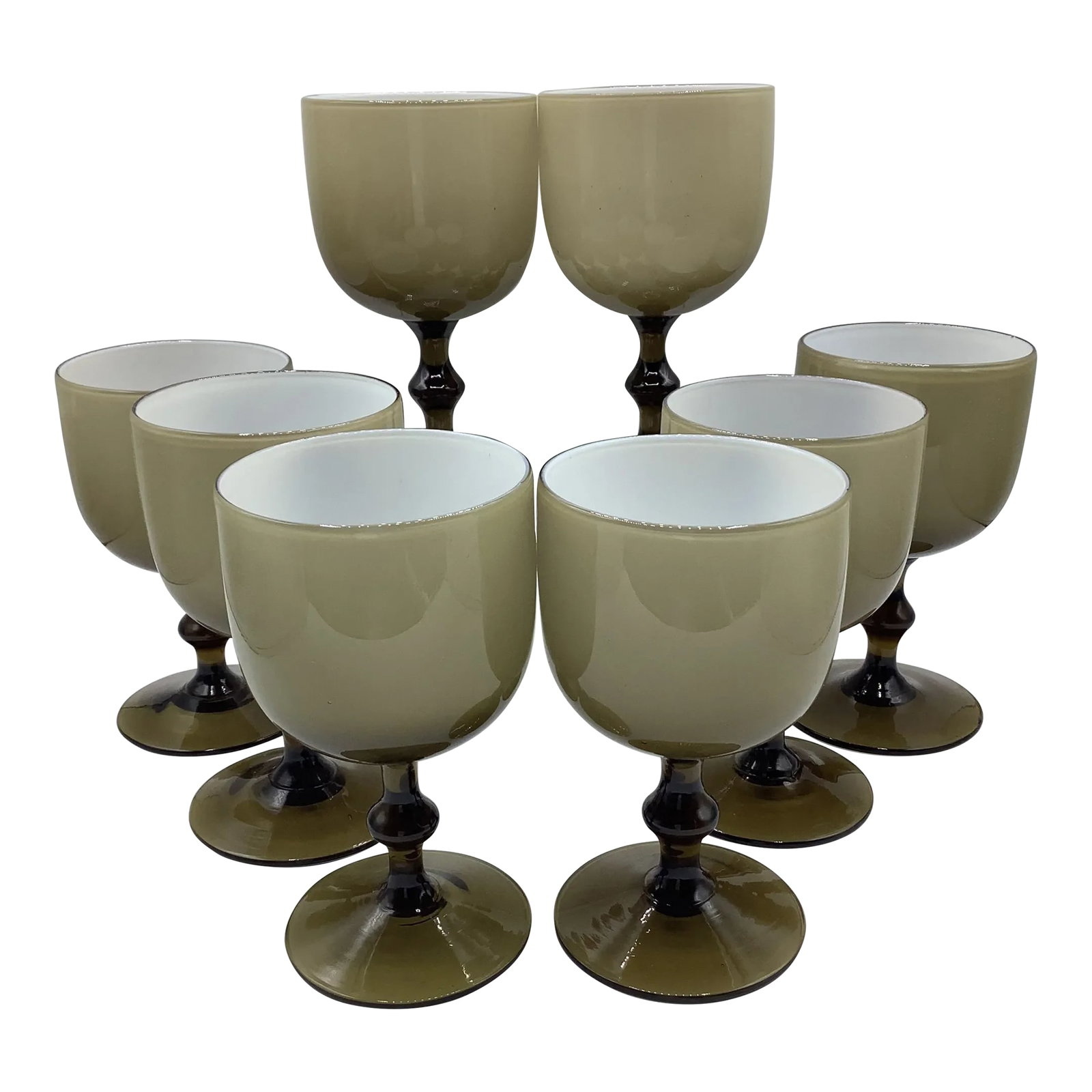 Vintage Carlo Moretti Italy Smoke Taupe White Cased Glass Wine Glasses - Set of 8: A gorgeous set of vintage 60s Italian Carlo Moretti Smoke Taupe cased wine goblets. They measure 6" x 3 1/4". They are in mostly new condition, as several have the original made in Italy sticker on