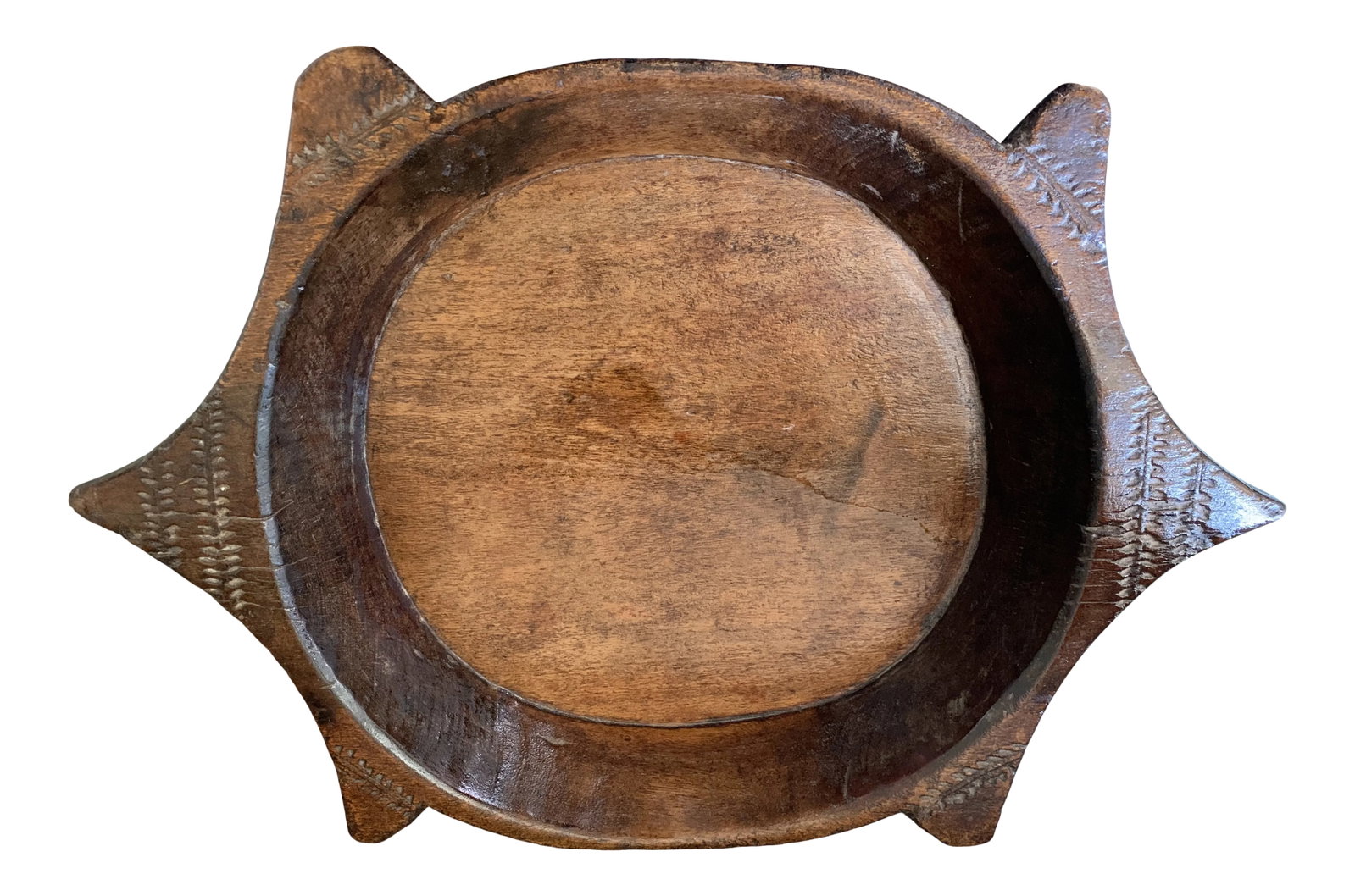 Early 20th Century Wood Hand Carved Artisanal Tribal Tray: Gorgeous hand carved African tribal wooden tray/platter. Incredible patina and size! Perfect for fruit and vegetables or even as a sculptural organic display piece! Condition: Alterations: Original