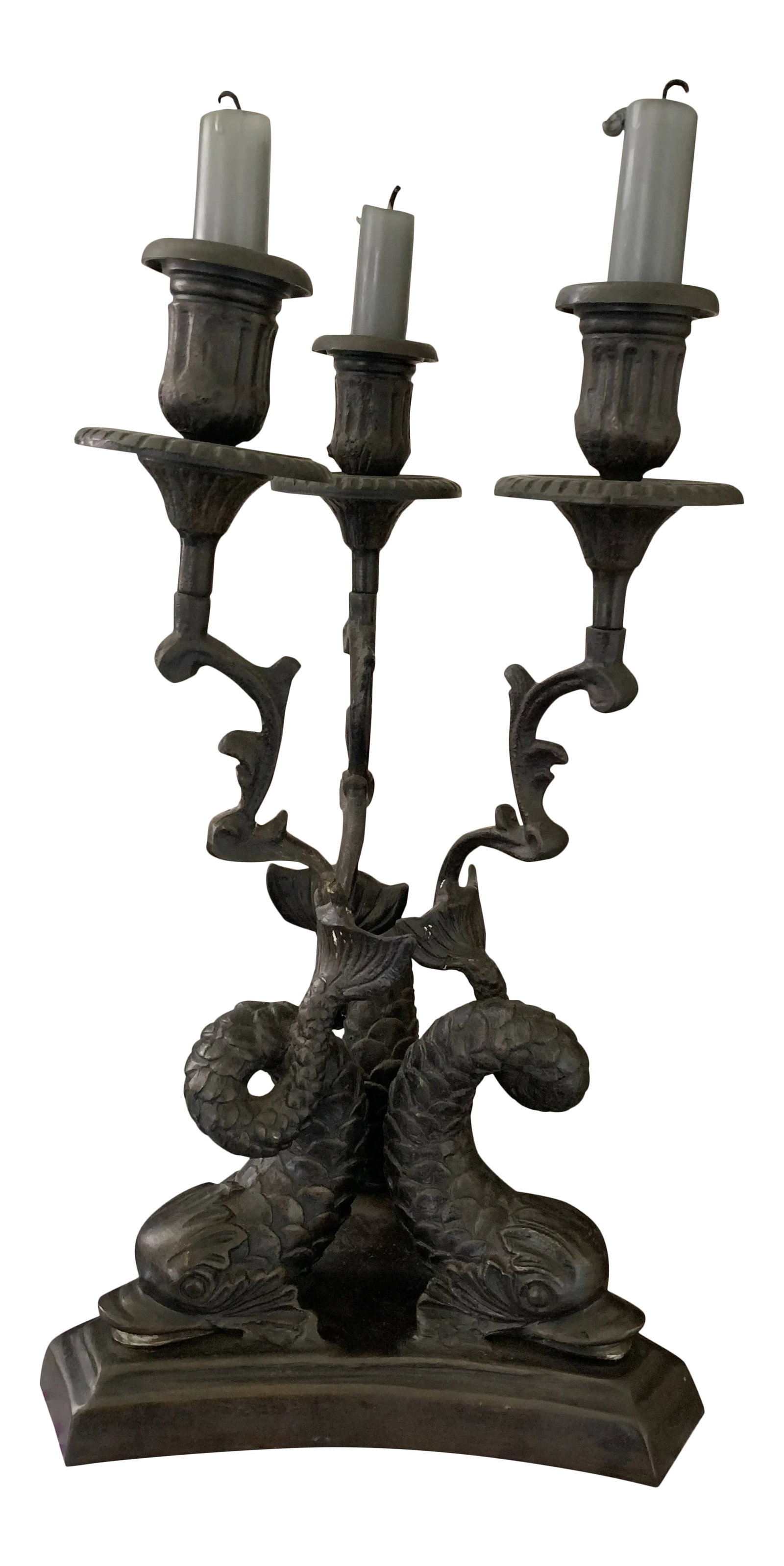 19th Century Empire Bronze 3 Dolphins Candelabra: Stunning Antique 3 dolphins bronze French candelabra, holding 3 tapered candles. Will set a chic tone for any dinner party or romantic brunch! Condition: Alterations: Original Condition Unaltered