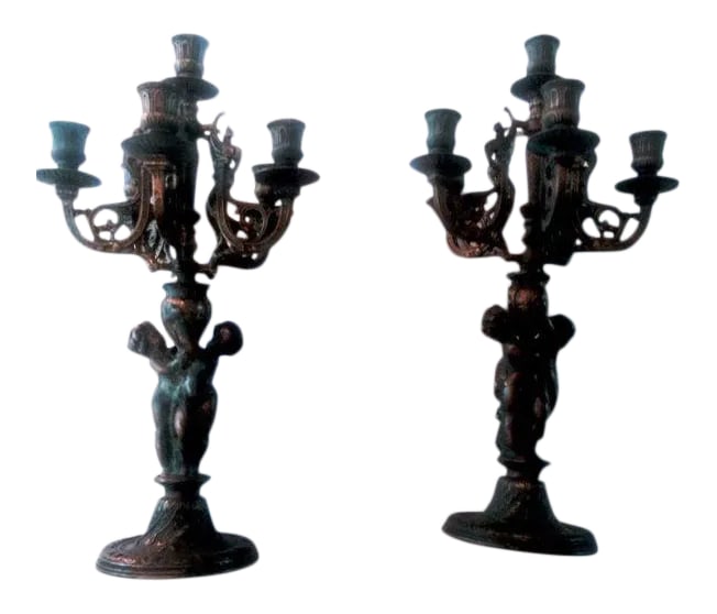 French Louis XV Style 19th Century Bronze 6 Arm Cherub Candelabras - A Pair (1 of 6)