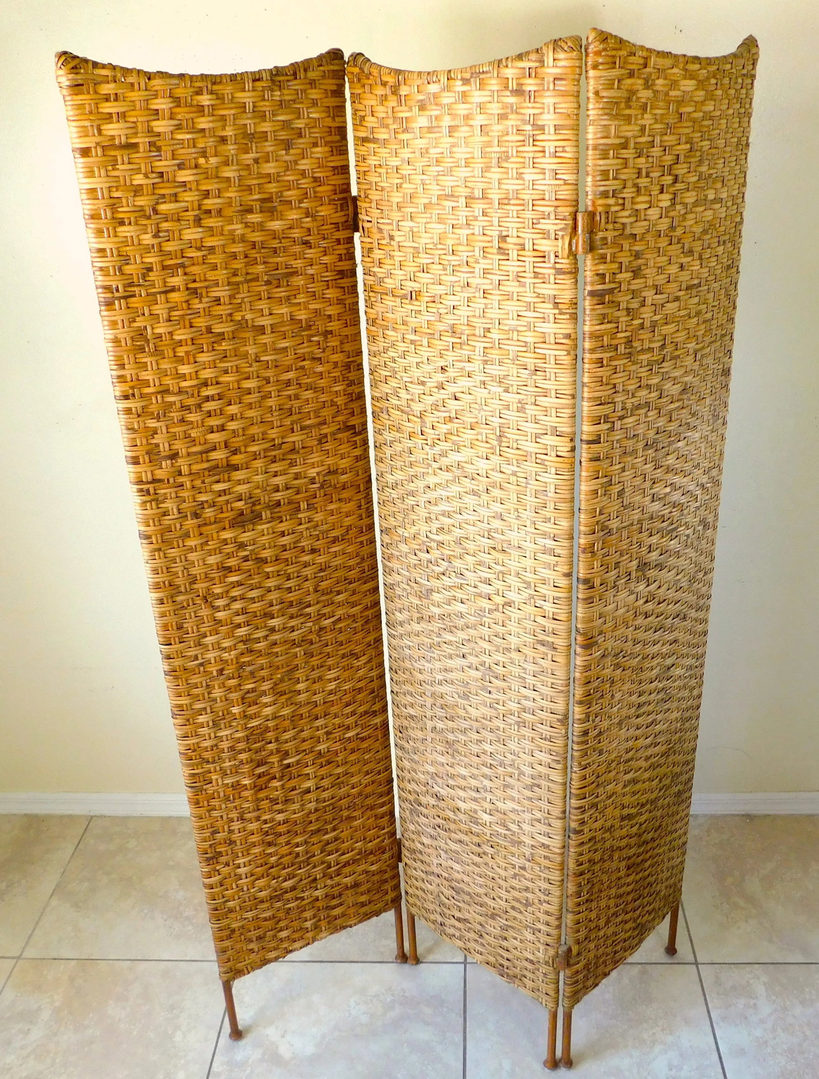 Vintage Wicker & Metal Folding Screen Room Divider - 2