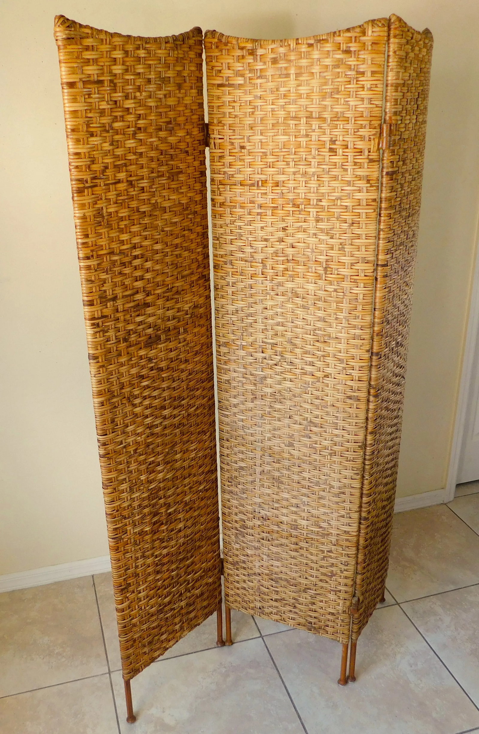 Vintage Wicker & Metal Folding Screen Room Divider - 3