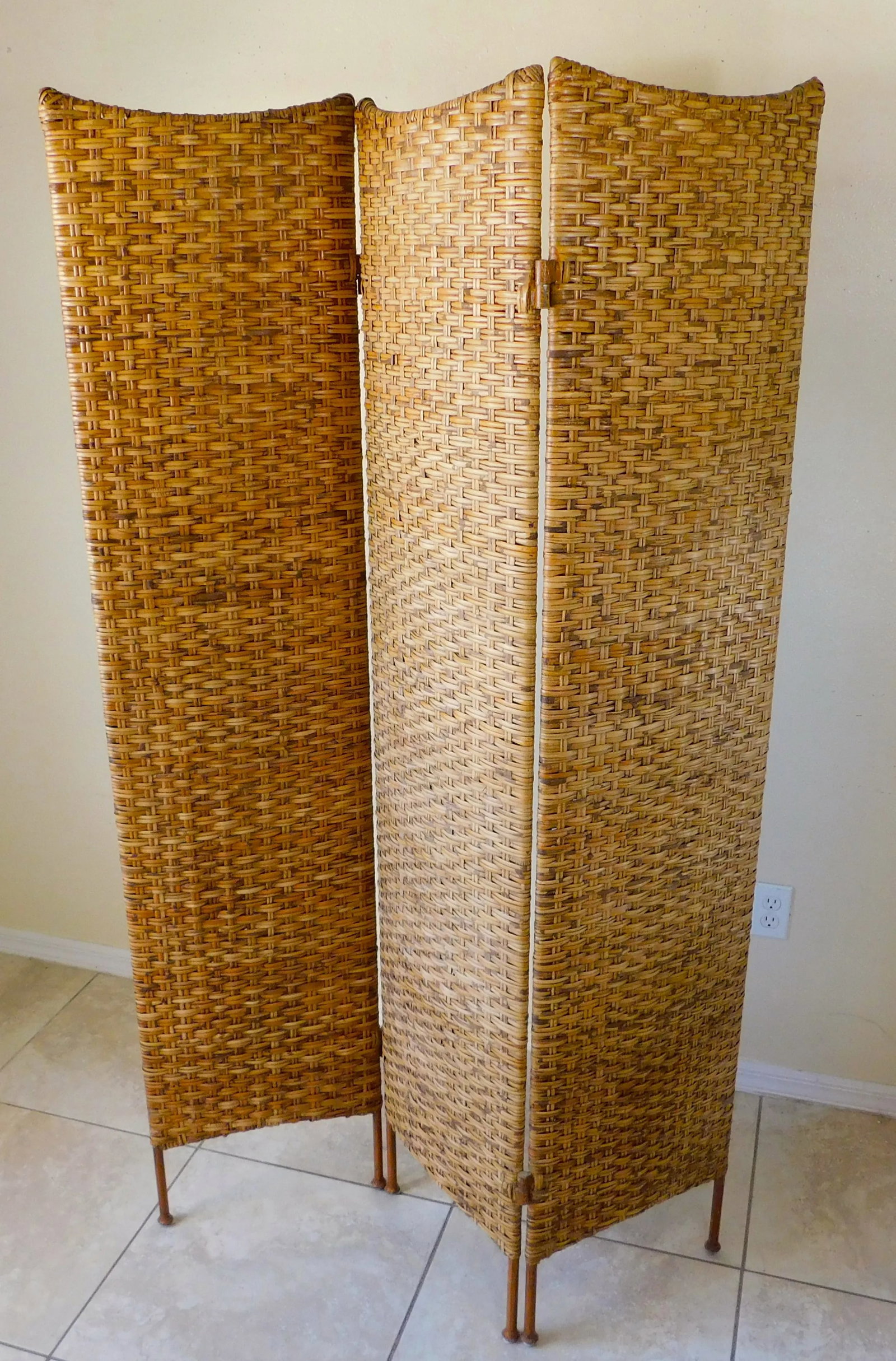 Vintage Wicker & Metal Folding Screen Room Divider - 4