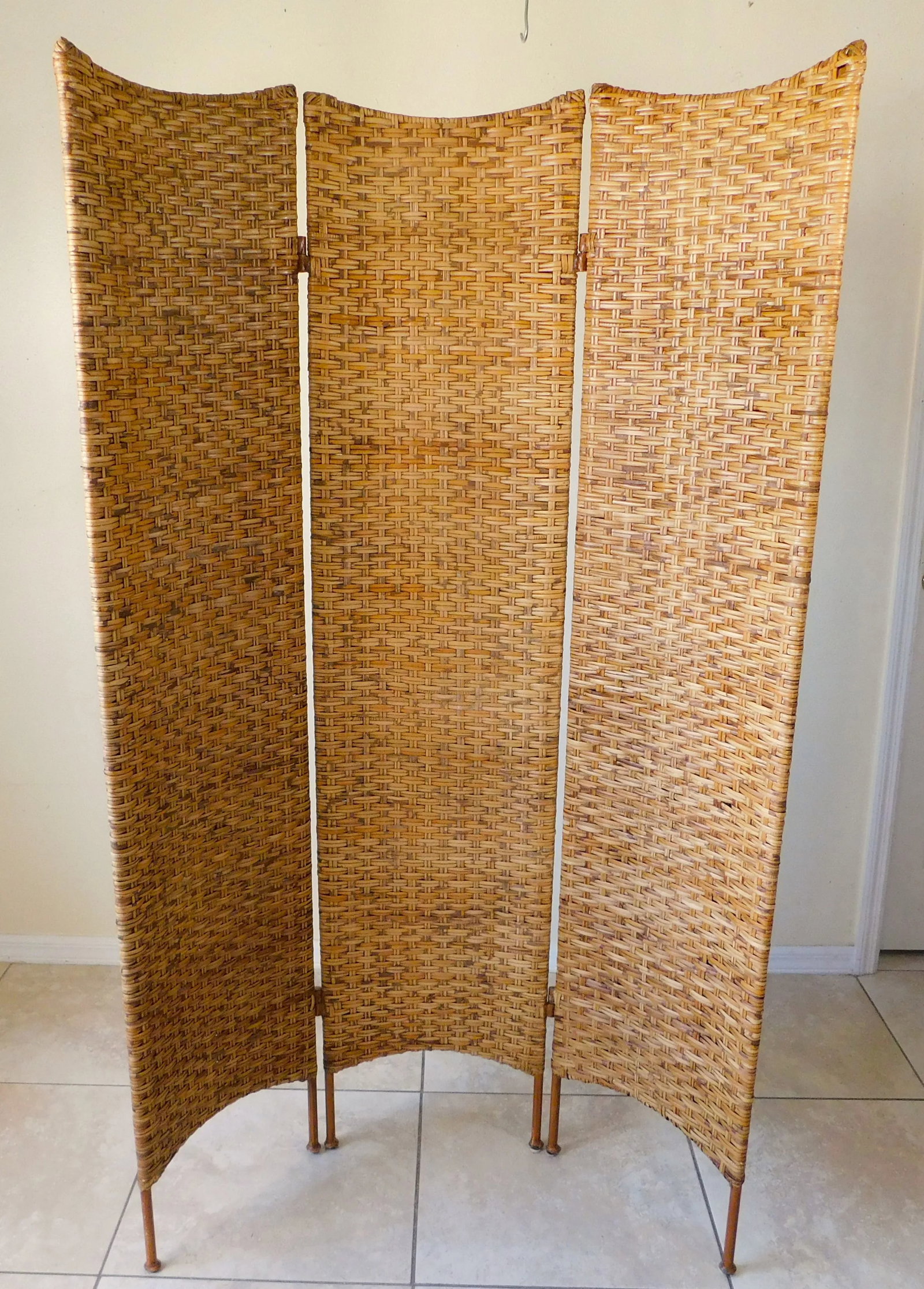 Vintage Wicker & Metal Folding Screen Room Divider - 5