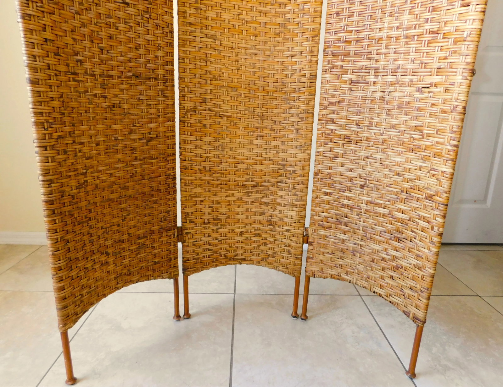Vintage Wicker & Metal Folding Screen Room Divider - 7