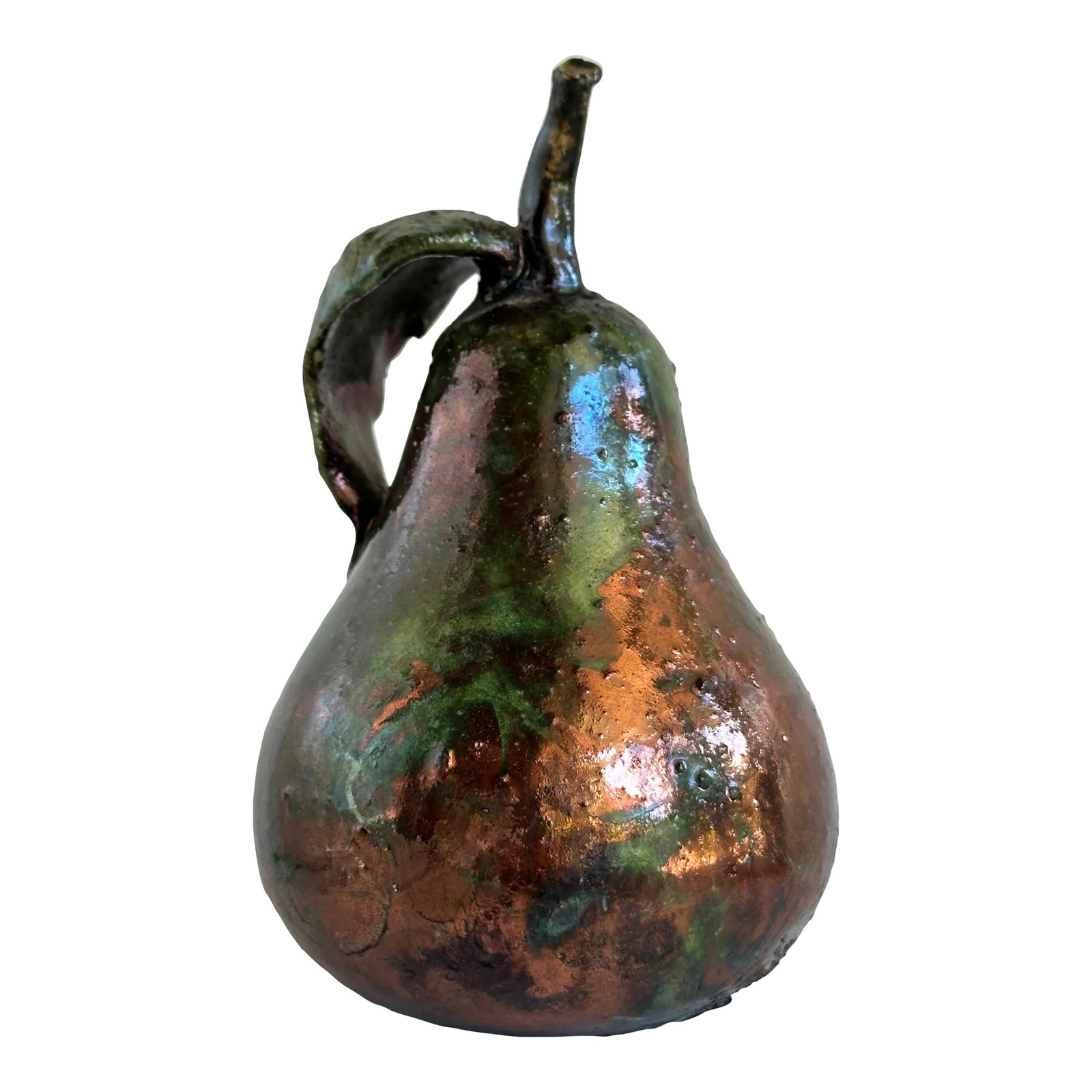 Raku Pottery Pear Figure: This scrumptious, lifelike pottery pear is glazed in metallic copper and glossy green. Condition: Alterations: Original Condition Unaltered Imperfections: Some Imperfections Condition Notes: Ready