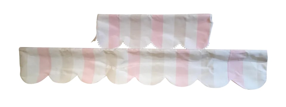 Scalloped Moire Lee Jofa Fabric Valances Pale Pink, Beige and Creme: Beautiful scalloped treatment Love the softness of the colors. Perfect finishing touch. Previously used in a girl's bedroom. ( boards will be removed to cut down on shipping costs) Condition: