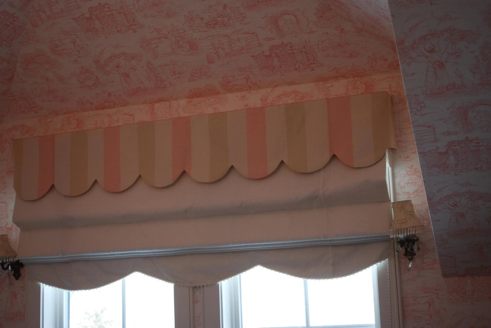 Scalloped Moire Lee Jofa Fabric Valances Pale Pink, Beige and Creme - 6