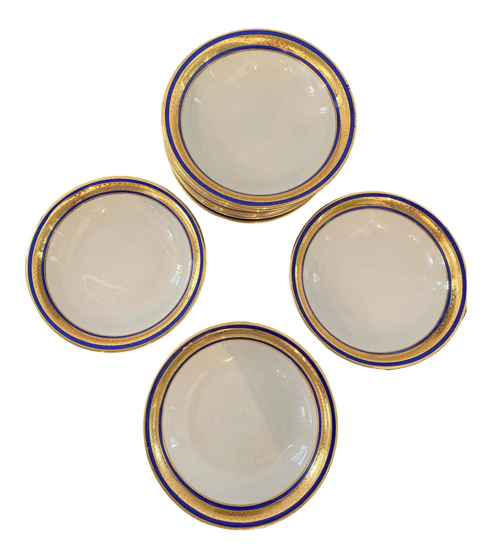Bern Lan China Company of Bavaria Blue and 22K Gold Small Bowls - Set of 12: Set of twelve berry or dessert bowls made by Bern Lan Fine China Company of Bavaria with a lovely cobalt blue double band surrounded by three bands of 22k gold. Condition: Alterations: Original