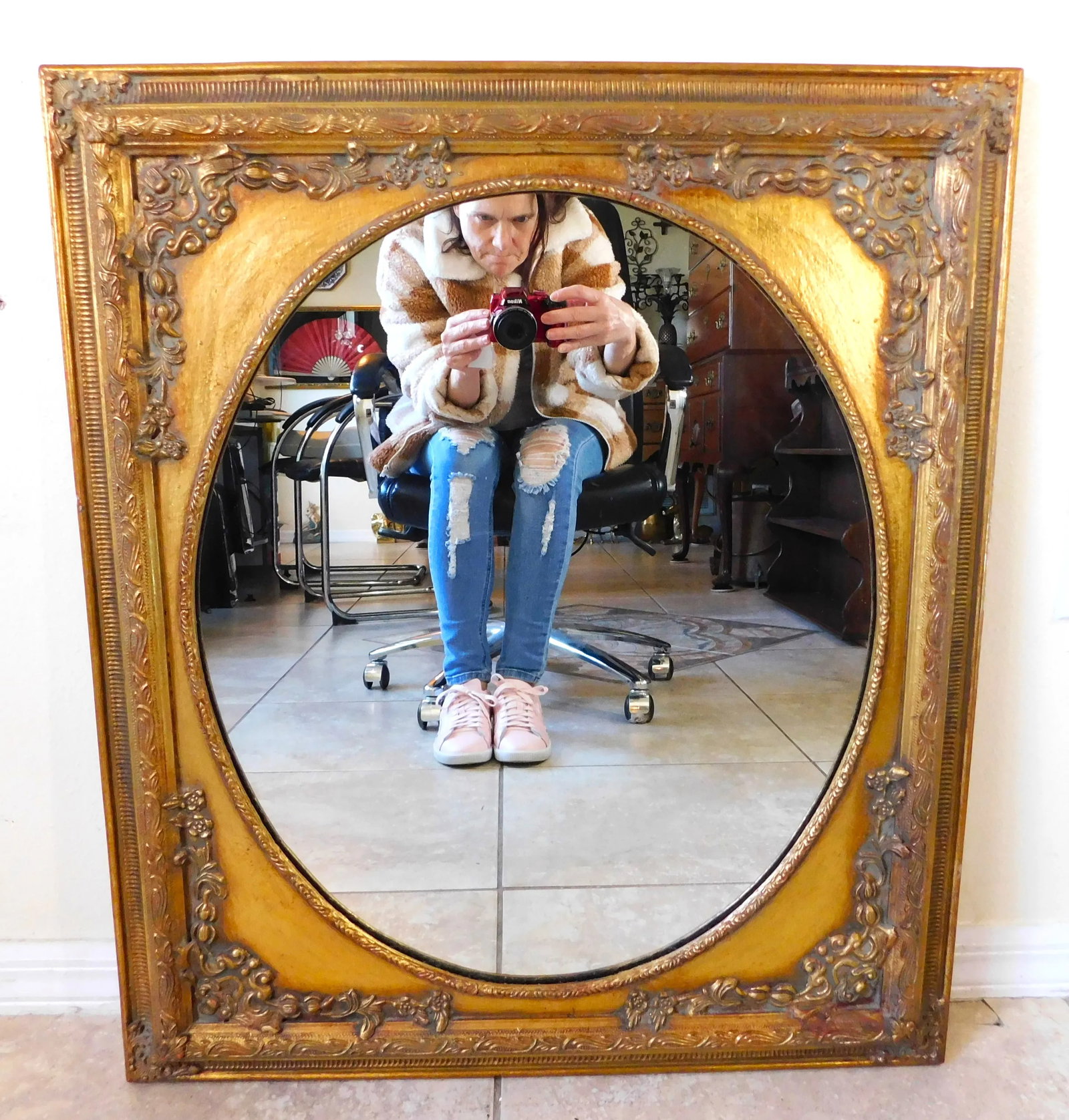 Vintage C1980s Ornate Gold Floral Wood Hanging Wall Mirror - 12