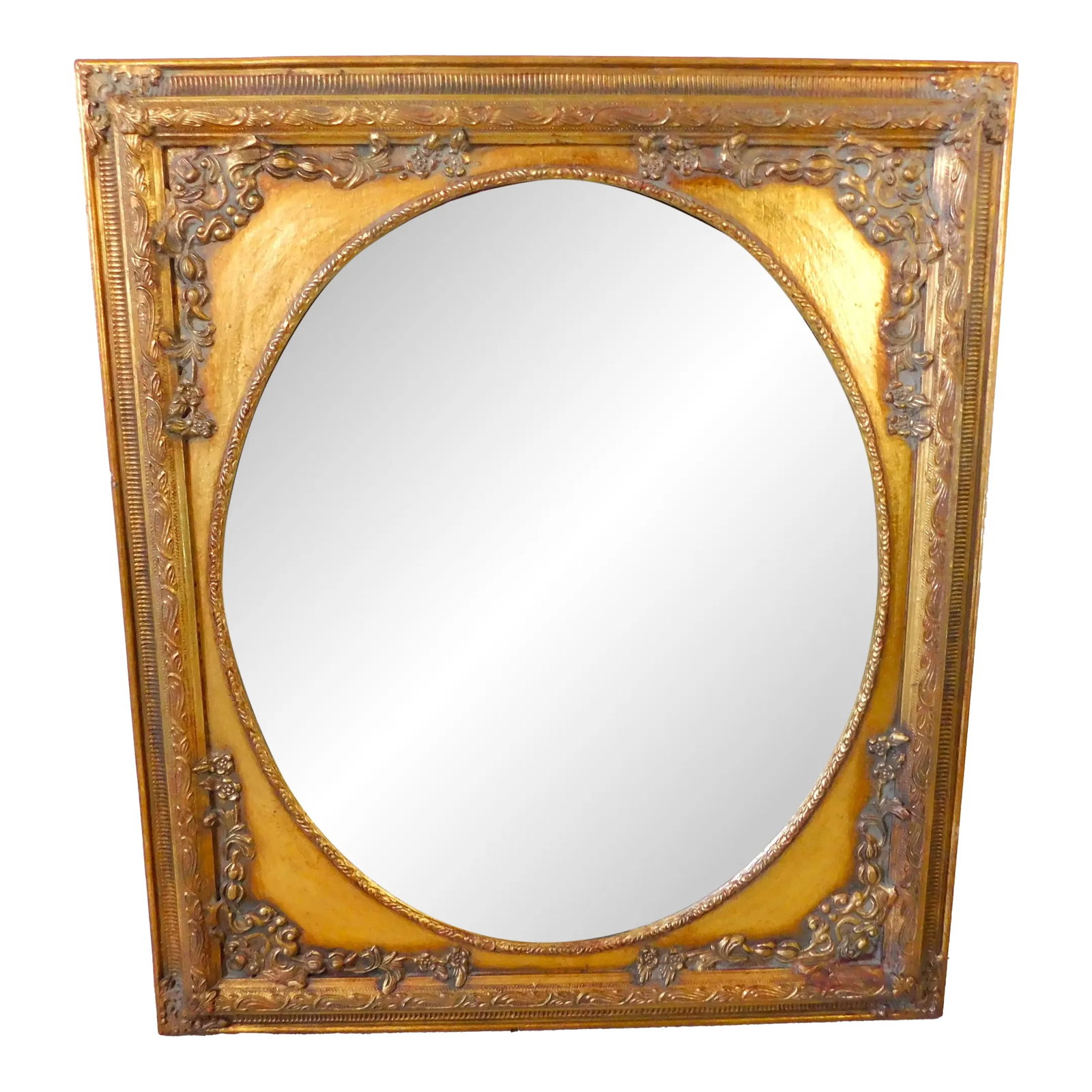 Vintage C1980s Ornate Gold Floral Wood Hanging Wall Mirror: Beautiful vintage ornate gold floral wood and gesso hanging wall mirror. Gorgeous design! Ready to hang in either direction. Circa 1980s. Well made, quality mirror. Beautiful Condition as shown with