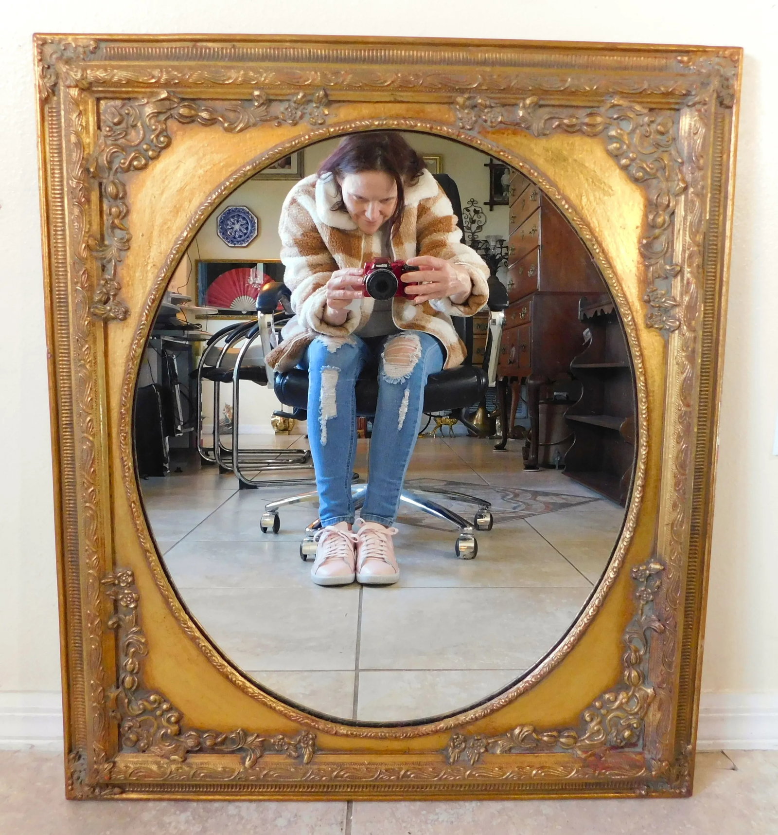 Vintage C1980s Ornate Gold Floral Wood Hanging Wall Mirror - 2