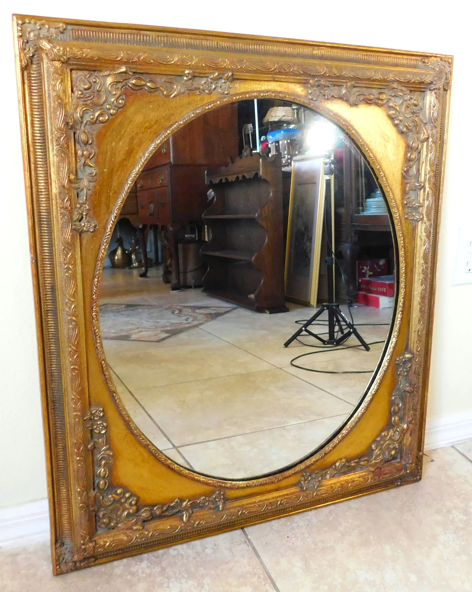 Vintage C1980s Ornate Gold Floral Wood Hanging Wall Mirror - 3