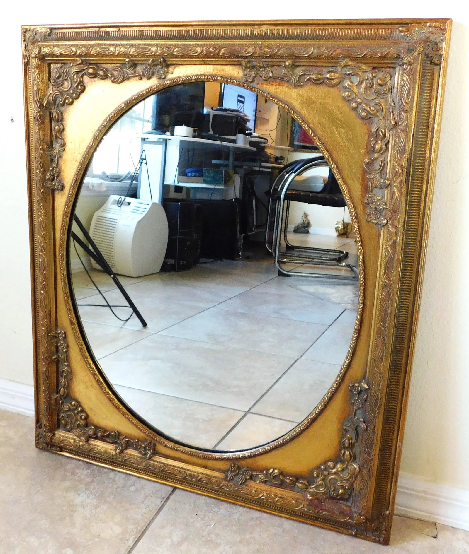 Vintage C1980s Ornate Gold Floral Wood Hanging Wall Mirror - 6