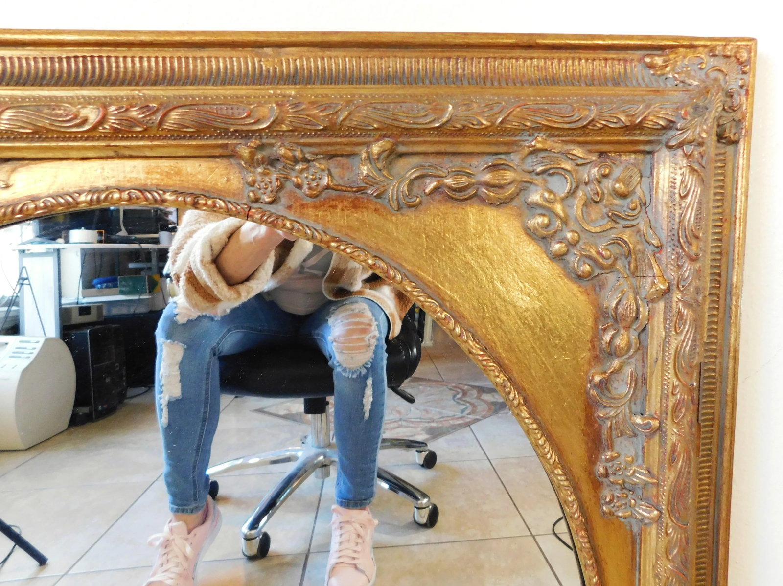Vintage C1980s Ornate Gold Floral Wood Hanging Wall Mirror - 8