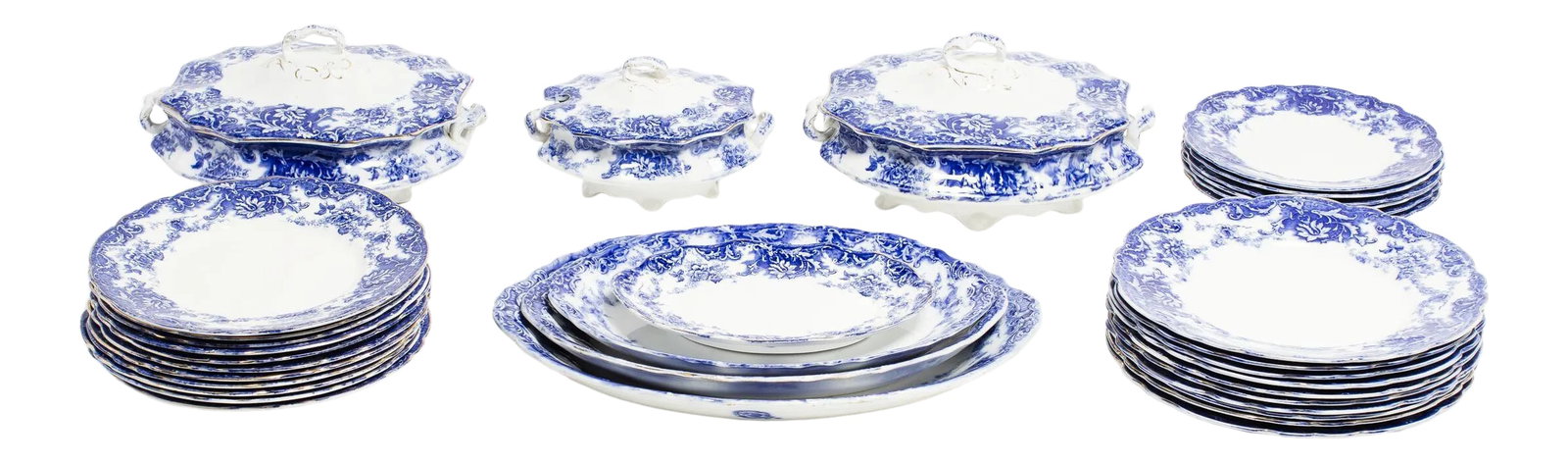 Mid 19th Century Wedgwood Flow Blue Dinnerware - Set of 34: Antique Wedgwood flow blue dinnerware set. Named for the soft blue fade of the color. ca 1860. Minor losses and chips to some pieces. The set includes: 10 dinner plates, 11 salad plates, 6 dessert
