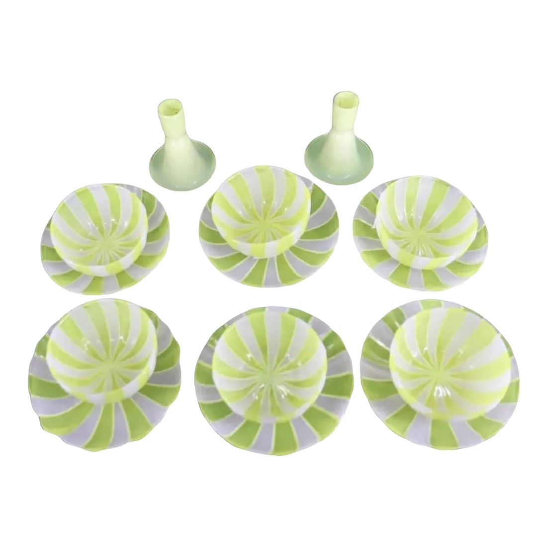 12 Pieces of Venini Latticino Yellow & White Desert Bowls and Plates.: Set of 12 Venini glass desert set. Six bowls (2.25" x 4.5" d) and six underplates (6.5"), in vivid lemon yellow and contrasting white, signed "Venini / Italia" in script (hard to see / hard to read),