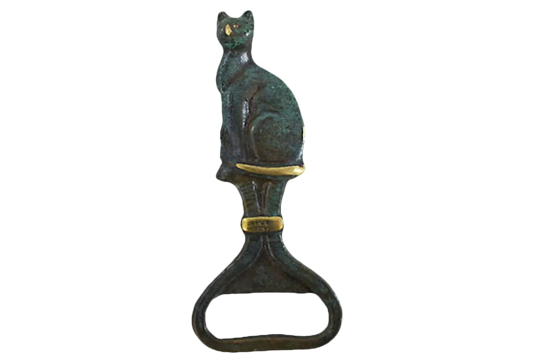 Mid-Century Modern Brass Cat Bottle Opener: Midcentury modern brass cat bottle opener with verdigris finish. Marked "Made Israel". Excellent condition. Condition: Alterations: Original Condition Unaltered Imperfections: Some Imperfections