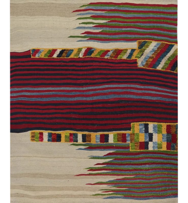 Handwoven Persian Kilim Area Rug - 4'6"*5'6'': This bewitchingly beautiful example of a tribal Kilim area rug features a contemporary pop of electrifying bright colors in a playful mixed-weave design. The creative modern twist of a knotted-pile