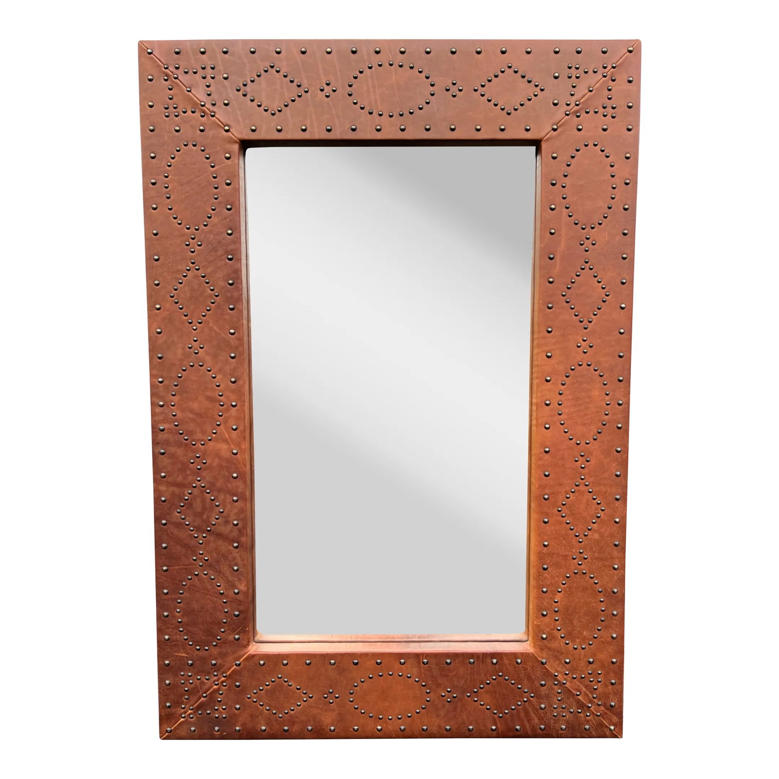 2010's Ralph Lauren Home Safari Leather Brass Nailhead Wall Mirror by Henredon: 1990's Ralph Lauren Home Safari Leather Brass Nailhead Wall Mirror. Model # 1880-04 Part of the retired Safari collection made by Henredon for Ralph Lauren; the elegance of a bygone safari captured