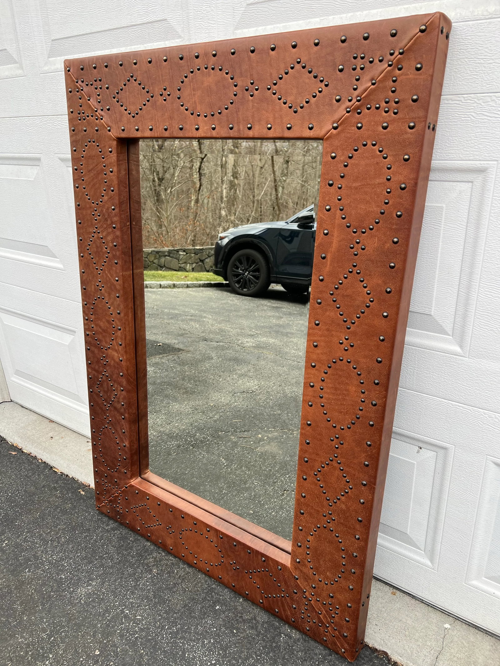 2010's Ralph Lauren Home Safari Leather Brass Nailhead Wall Mirror by Henredon - 3