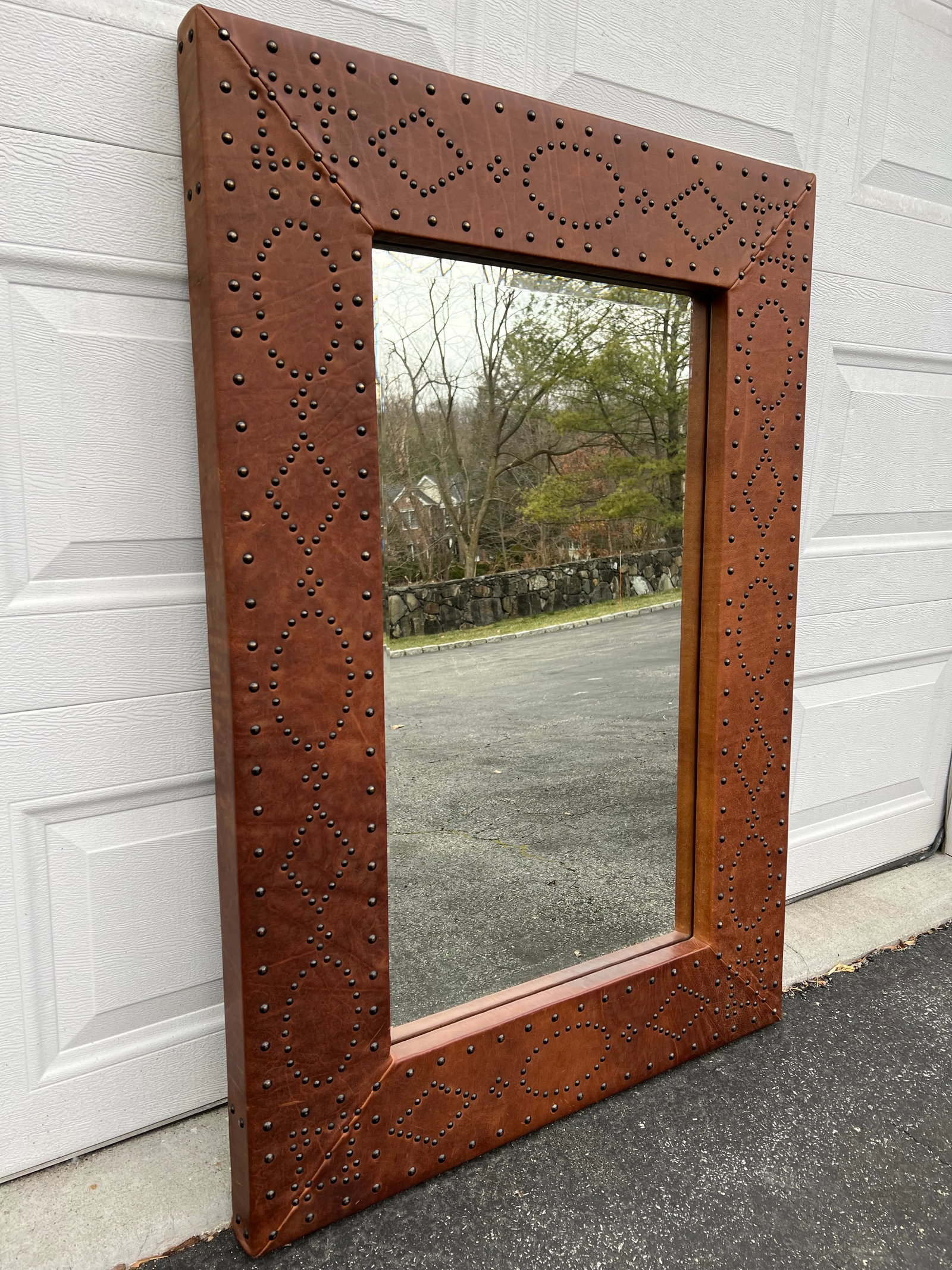 2010's Ralph Lauren Home Safari Leather Brass Nailhead Wall Mirror by Henredon - 4