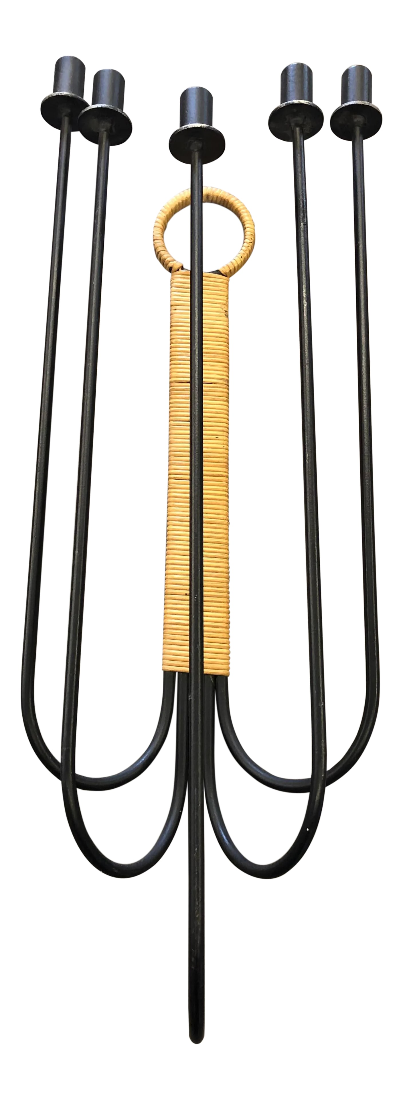 Mid-Century Modern Arthur Umanoff Wall Mounted Iron and Rattan Candle Holder: Mid-century modern wall mounted candle holder designed by Arthur Umanoff for Raymor. Five U-shaped solid wrought iron rods juxtaposed by the natural rattan makes for an industrial yet bohemian