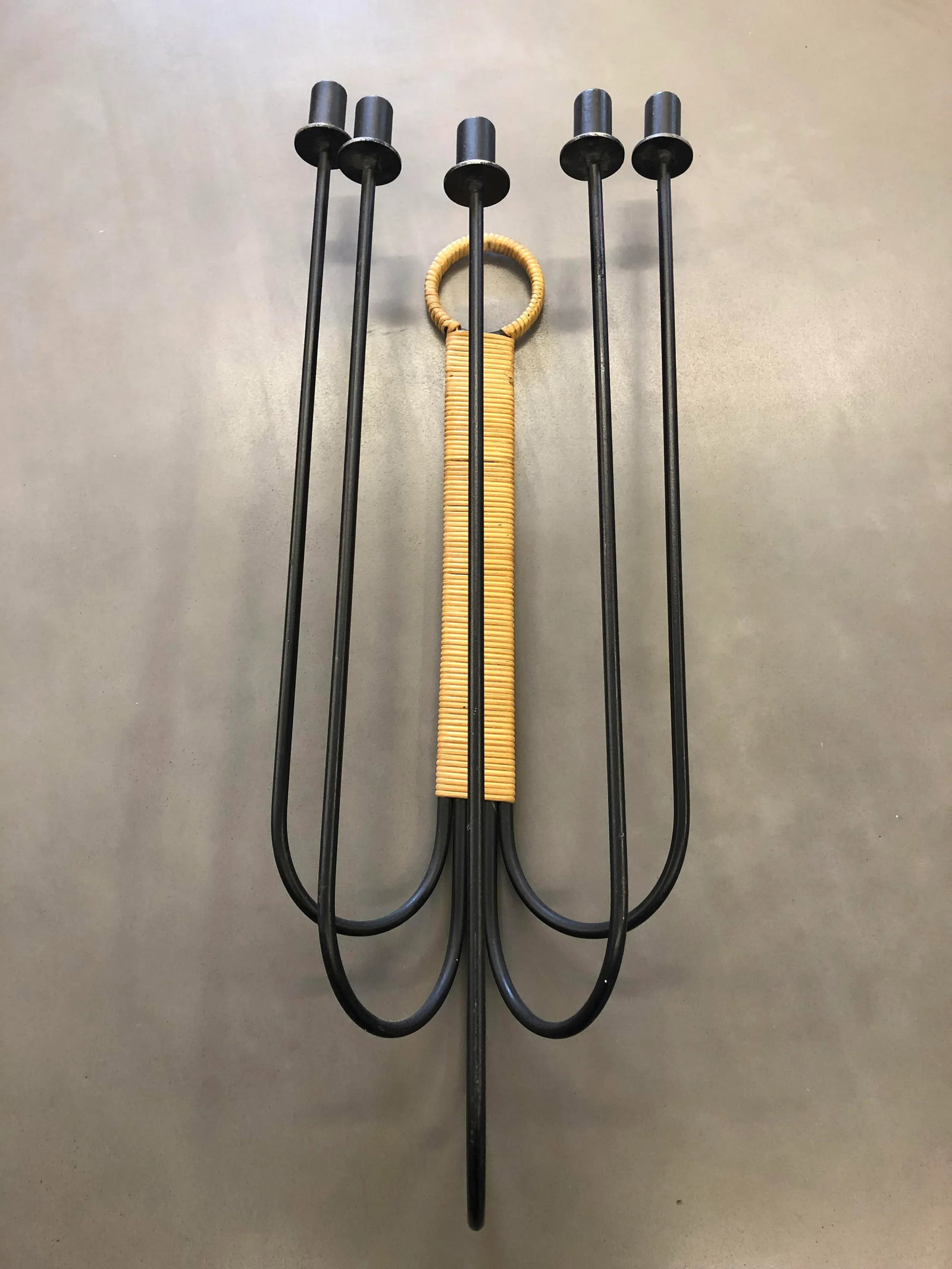 Mid-Century Modern Arthur Umanoff Wall Mounted Iron and Rattan Candle Holder - 2