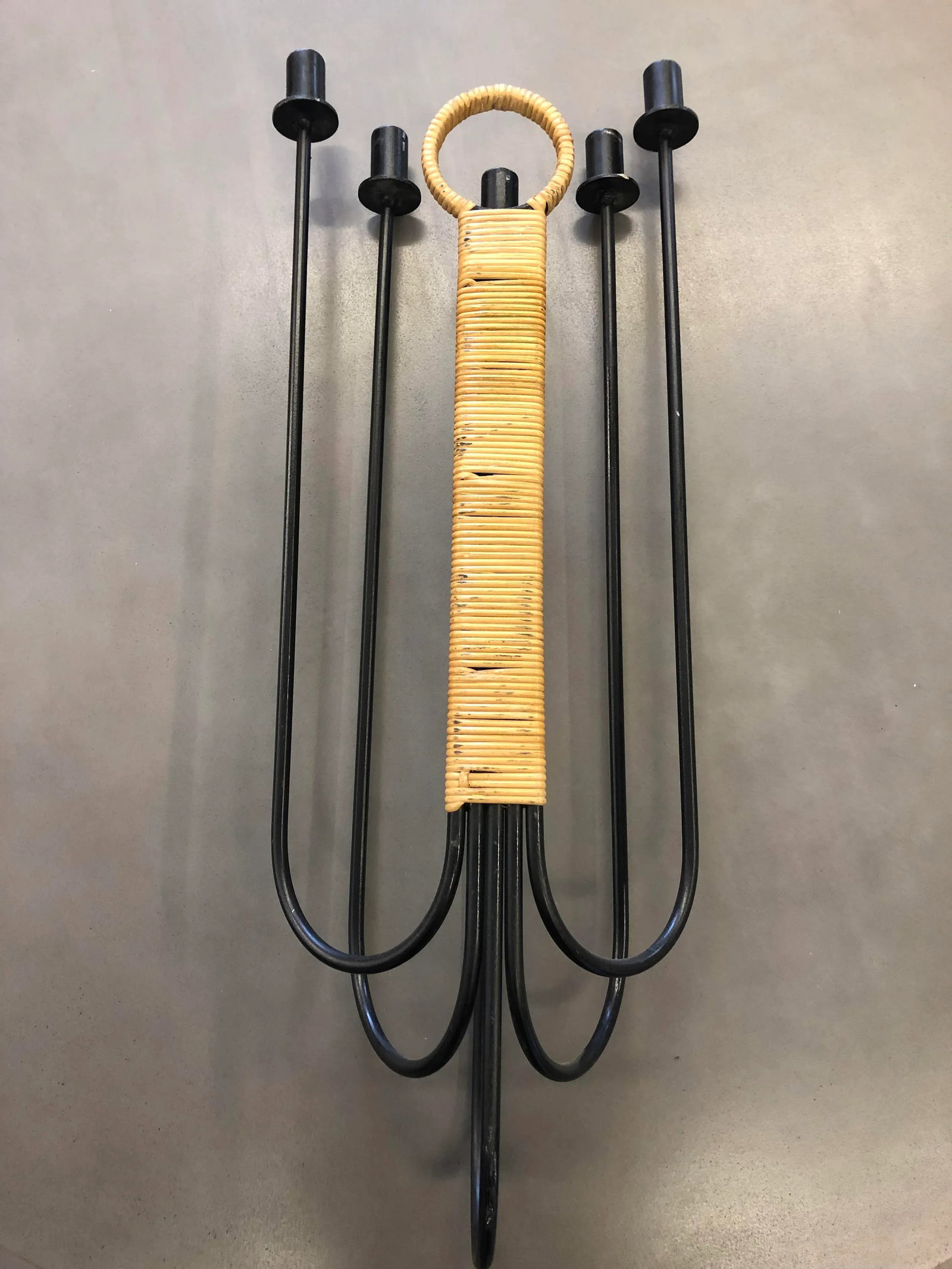 Mid-Century Modern Arthur Umanoff Wall Mounted Iron and Rattan Candle Holder - 4
