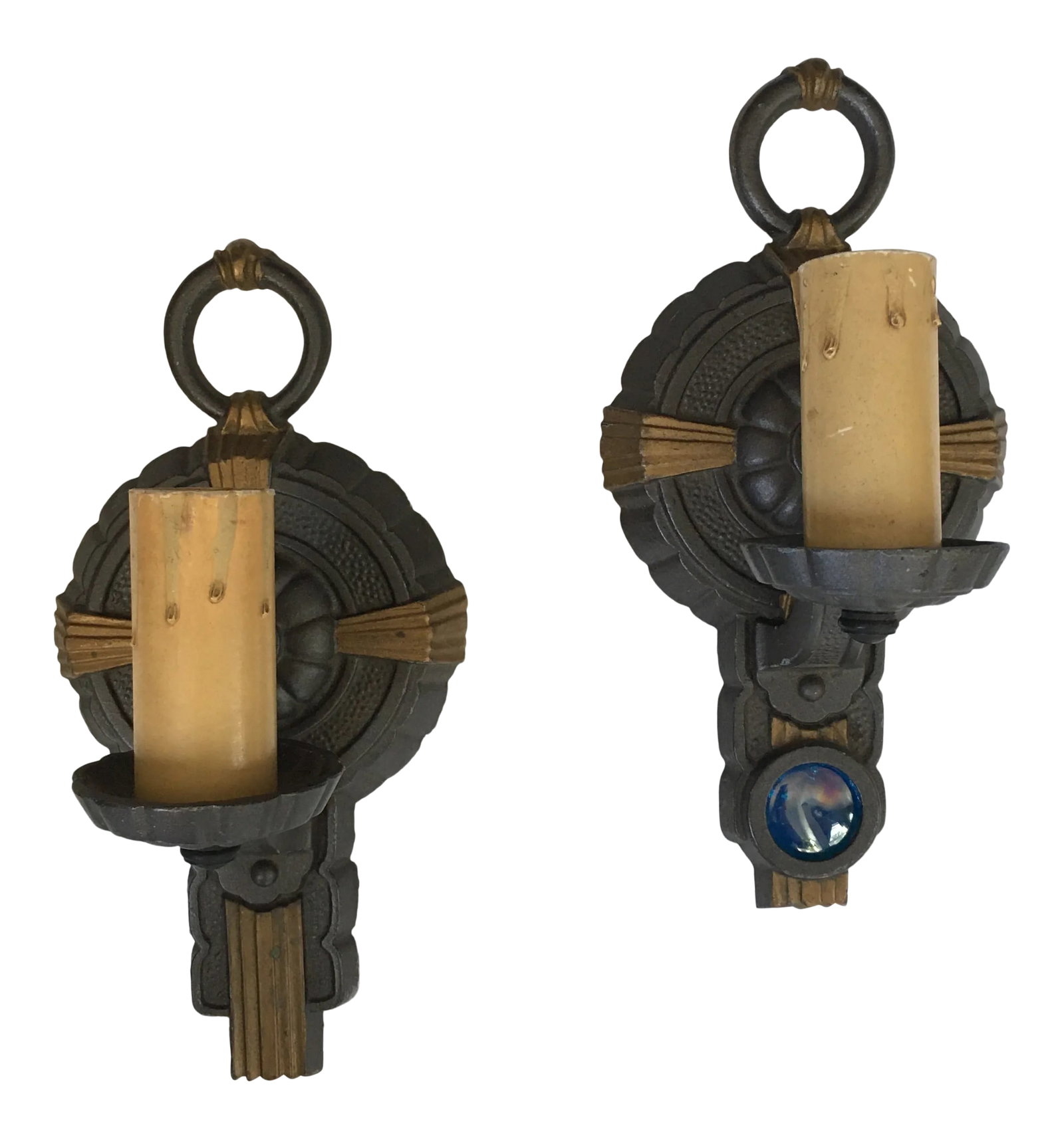 Vintage Art Deco Cast Iron Sconces - a Pair: Pair of Art Deco cast iron wall sconces with gold trim, manufactured by Puritan Lighting Fixture Company in Brooklyn, New York. The are marked on the back with the model number 6701B. One of the