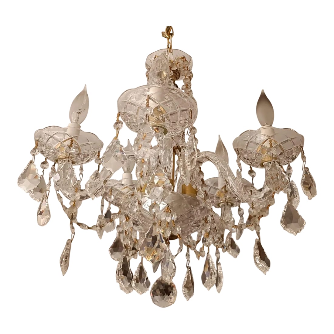 Vintage 5 Lights Wall Wall Chandelier: Vintage 5 lights Chandeliers. hand cut drop in an abundance of chrystal drops. (50 crystal total.). It has glass arm frarmed decked with strands of faceted cut chrystal. Condition: Alterations: