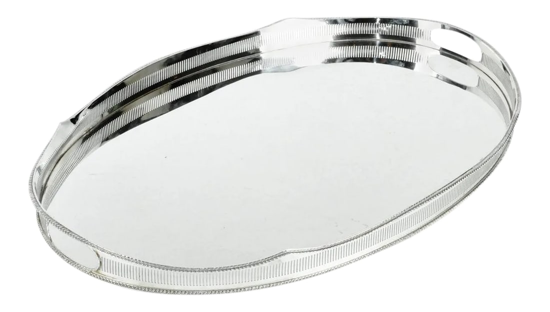 Vintage English Sheffield Oval Barware or Serving Tray: Vintage English Sheffield silver plated Art Deco style oval barware or serving tray. The tray is in excellent condition, maker's mark undersigned . The tray measure about 16 inches width x 24 inches