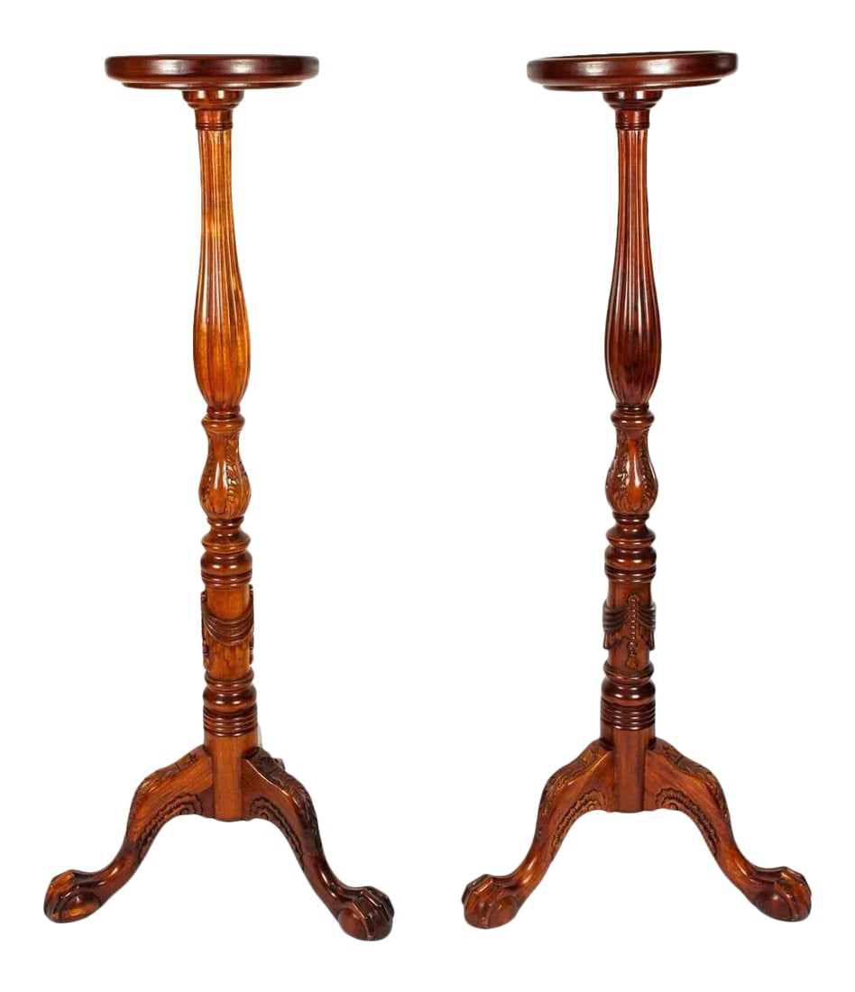 Dark Mahogany Wood Plant Stand / Fern - a Pair: Pair of dark mahogany wood, mid-20th century plant stand / ferns / pedestals tables. Each fern / stand is in excellent condition. Each one measures about 51 inches high and 12 inches top diameter.