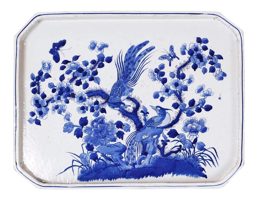 Blue and White Porcelain Tray: Unusual Chinese blue and white porcelain tray hand decorated with birds, butterflies, and flowers. Condition: Alterations: Unknown Imperfections: Some Imperfections Condition Notes: Good Wear
