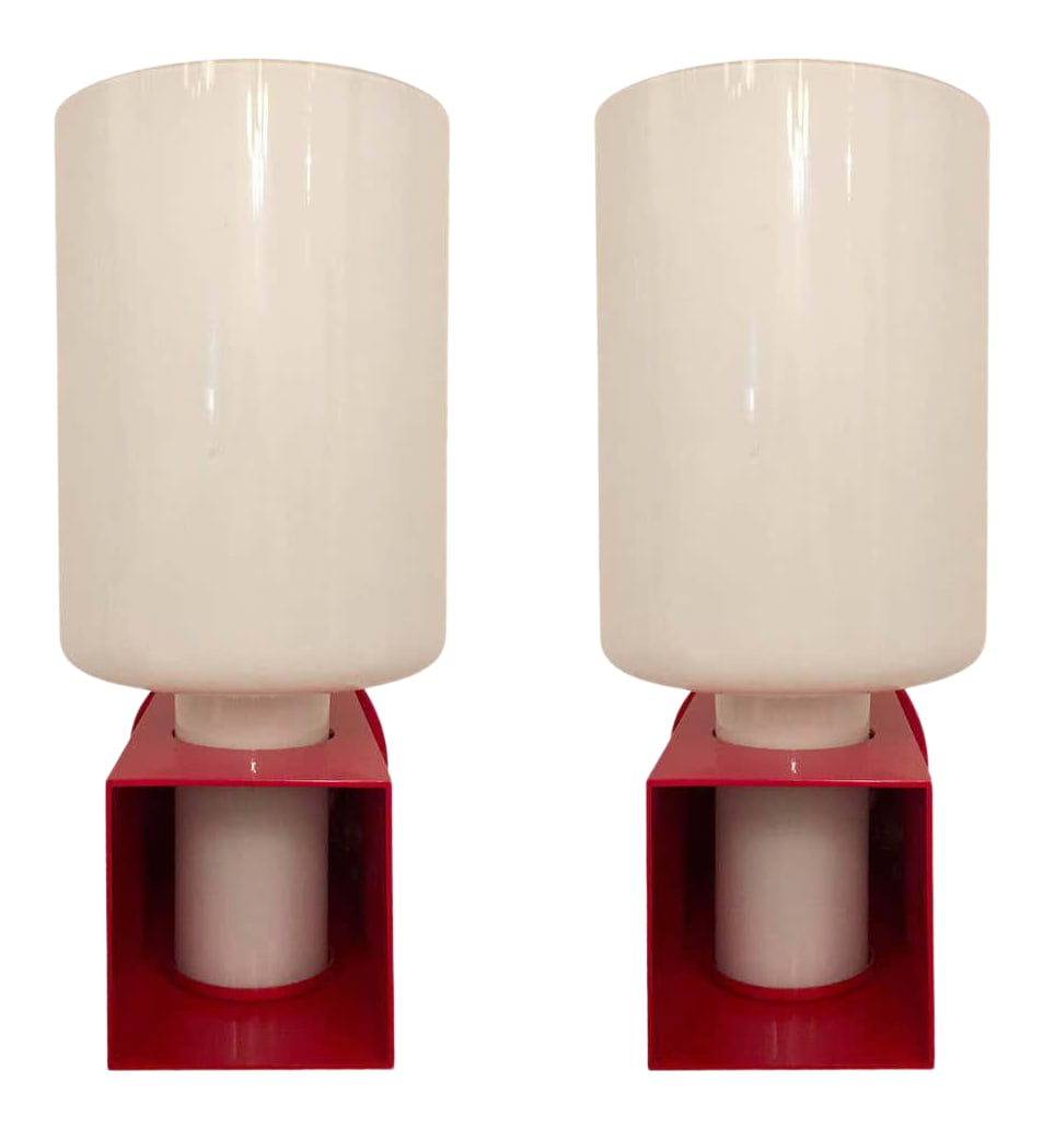 1980s Italian Modernist Red Enamel Box Frame Wall Lights - a Pair: A pair of Italian 1980s sconces composed of red enamel box frames holding white opaline glass shades. Newly rewired. Condition: Alterations: Original Condition Unaltered Imperfections: Some Imperfecti