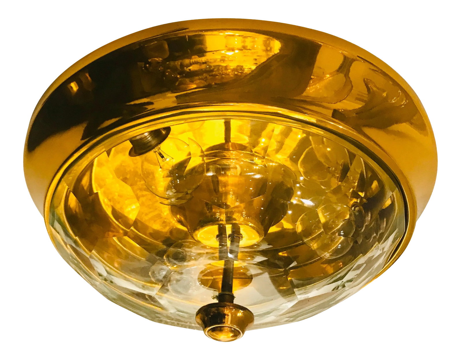1970s Italian Golden Oscar Torlasco Lumi Crystal Flush Ceiling Light: A wonderful 1970s Italian golden brass ceiling light with a thick faceted crystal shade designed by famed designer, Oscar Torlasco for Lumi. Condition: Alterations: Original Condition Unaltered