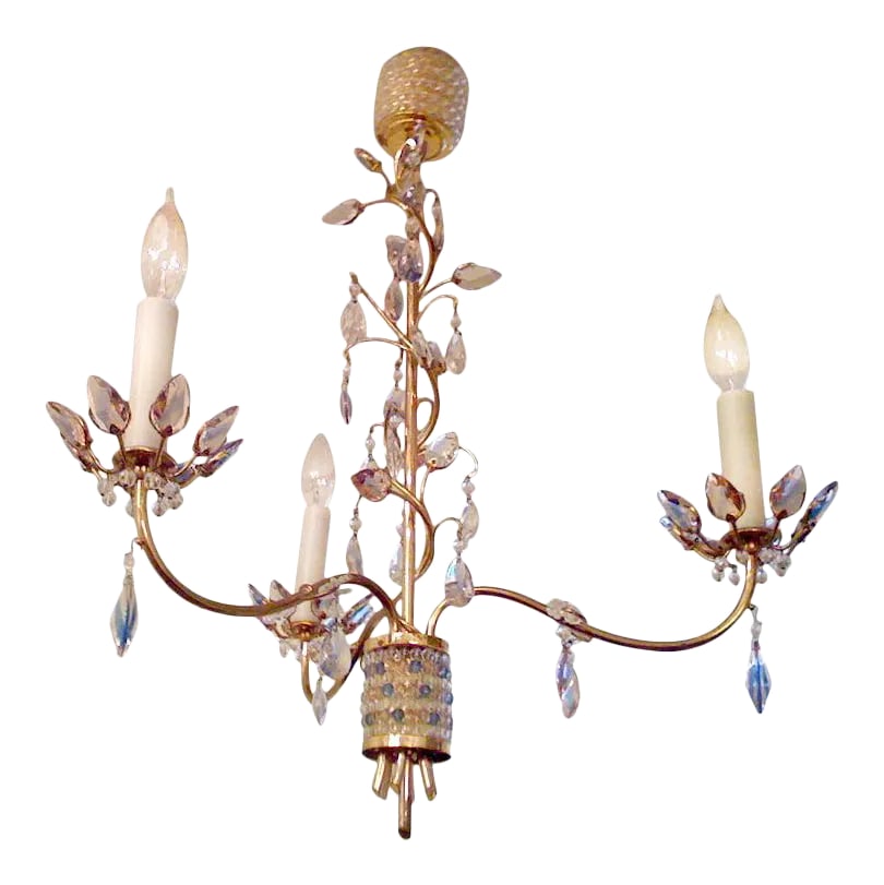 Jl Lobmeyr Colored Crystal Chandelier: A wonderful Austrian jewel toned crystal and brass chandelier designed by Stefan Rath Hardtl for the "Exposition Internationale des Arts Decoratifs et Industriels Modernes in Paris. Condition: