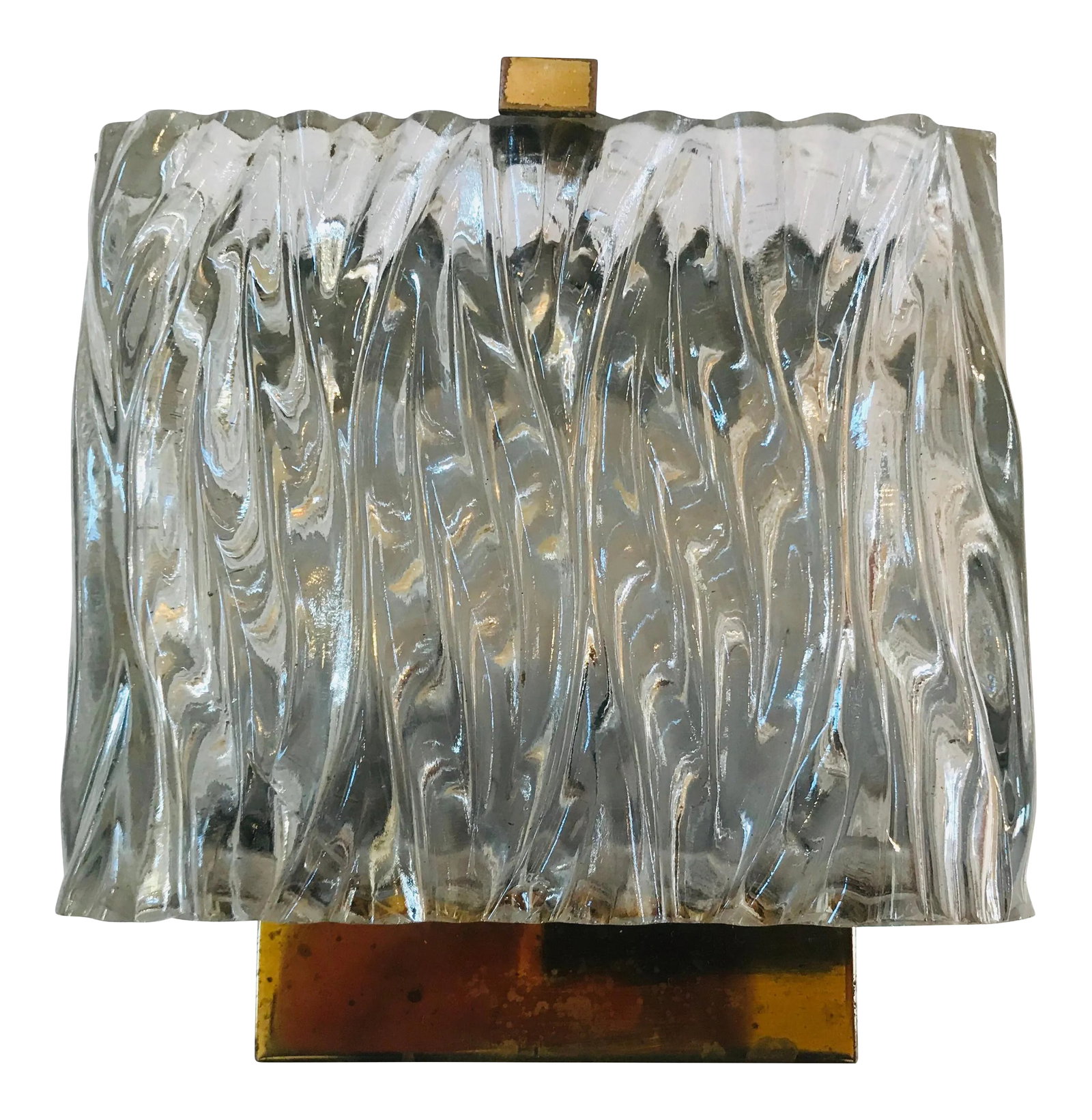 1960s Maison Arlus French 1960s Glass Wall Light: A Maison Arlus French wall light composed of a thick wavy ribbon glass shade and a polished brass frame. Two e12 60w candelabra sockets. Newly Rewired Condition: Alterations: Original Condition