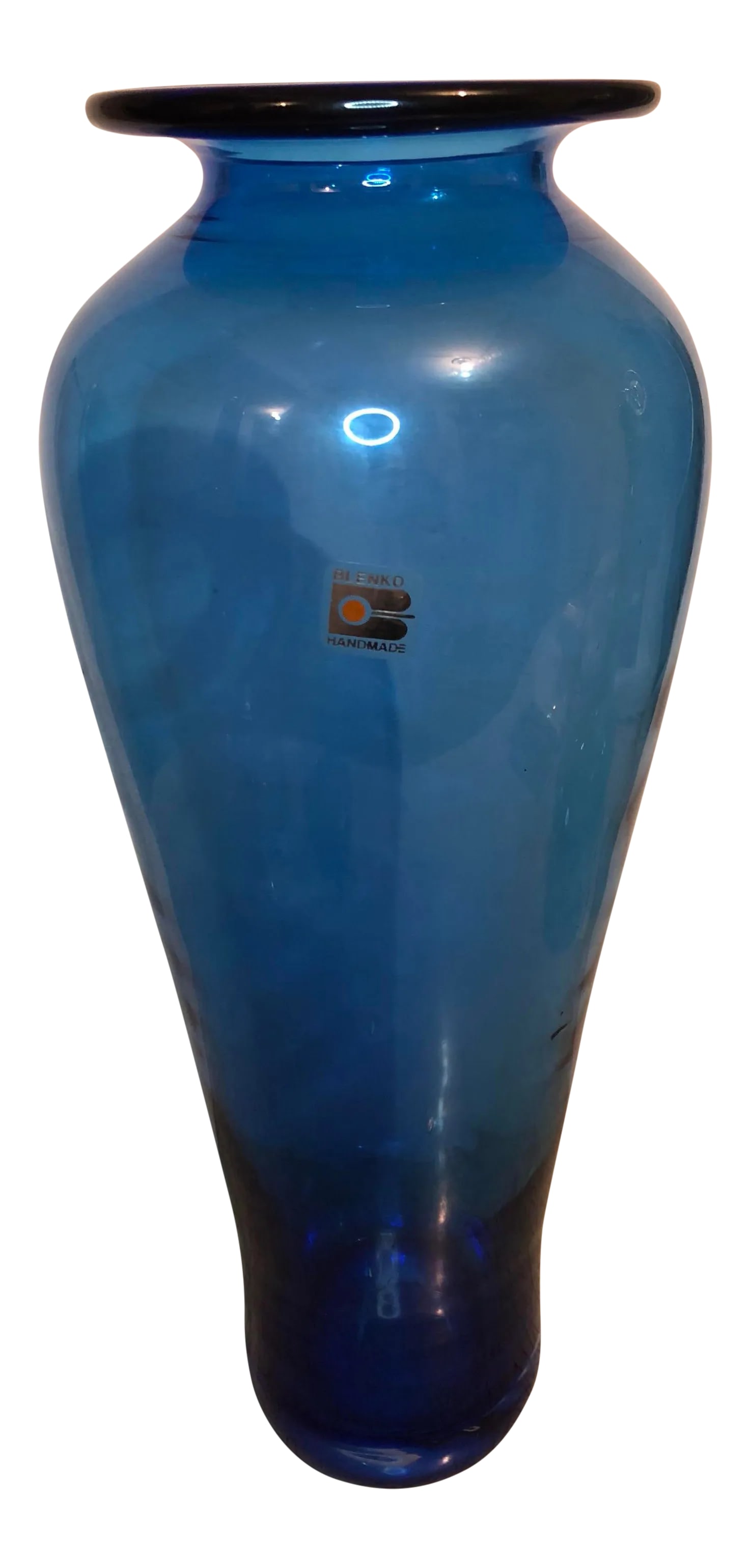 Post Modern Blenko Blue Nuevo Floral Vase: Very nice Blenko tapered blue glass vase- nice condition- 16" tall and at its widest about 7". The mouth at the top is 5"- hand blown with label Condition: Alterations: Original Condition Unaltered