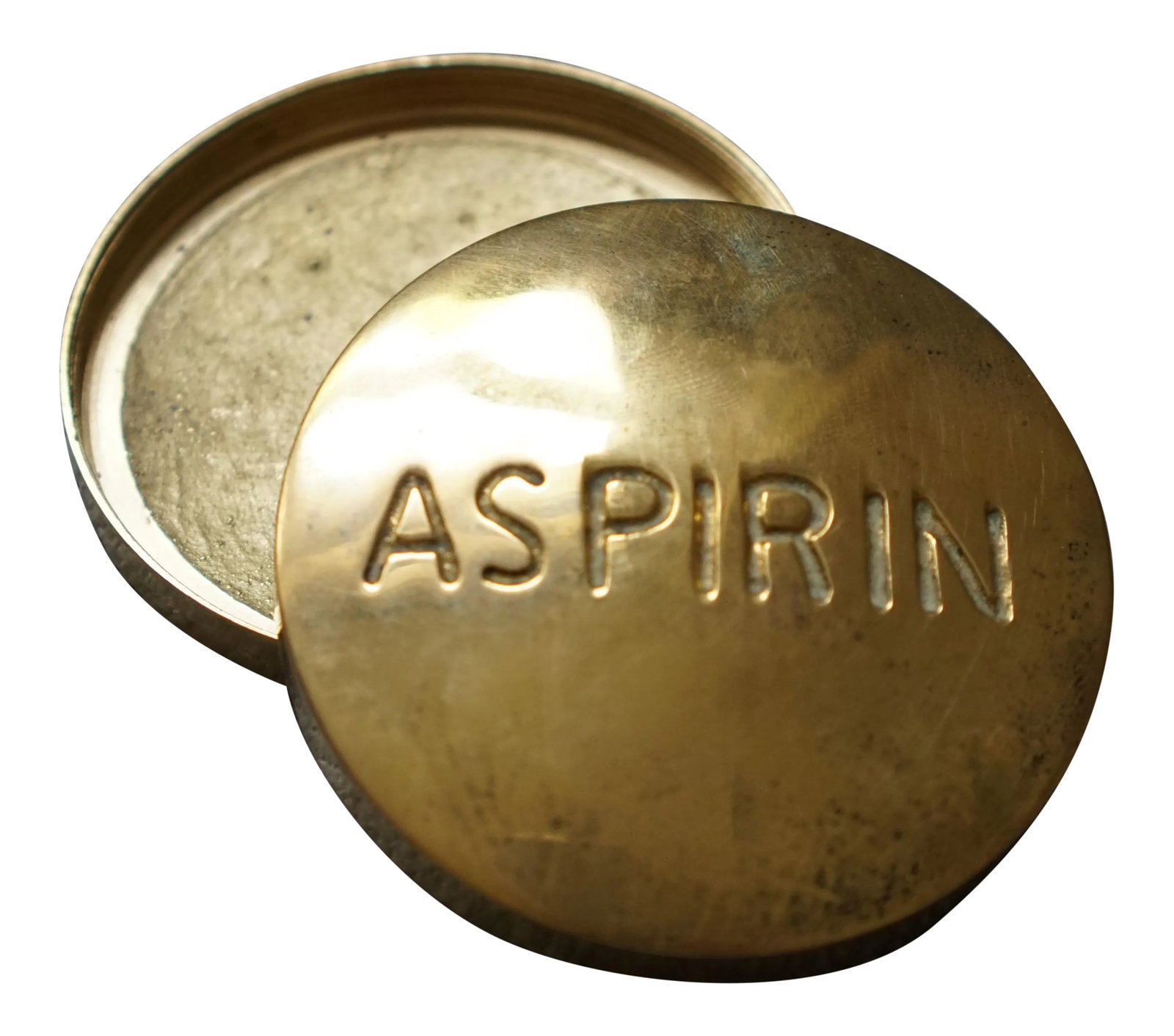 Mid 20th Century Vintage Brass Aspirin Pill Box: Vintage brass ASPIRIN pill box in good but used Condition. The box well made, has some weight to it, very precise screw top lid & very tactile. Has approx half a dozen small nicks to the top rim edge