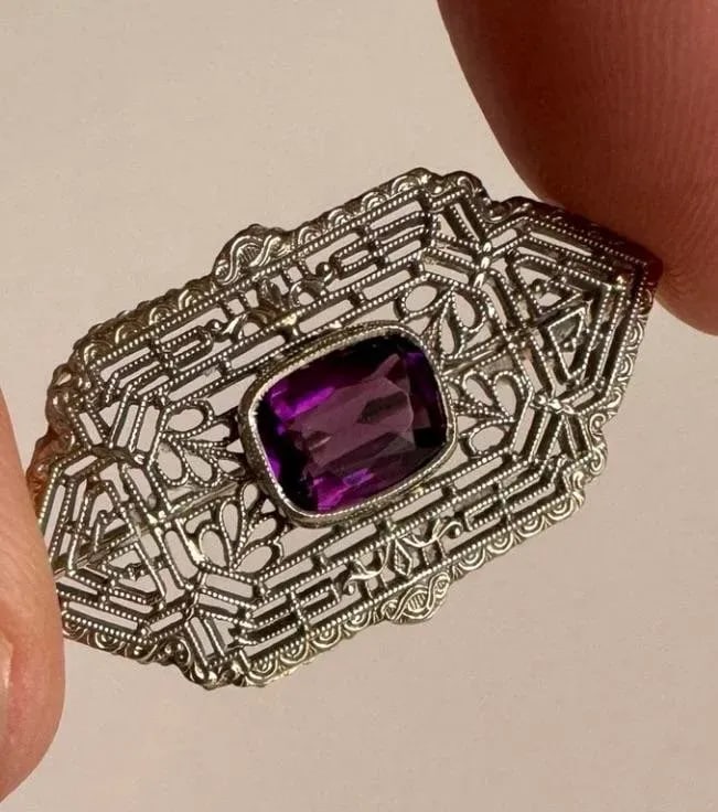 10k White Gold Art Deco Filigree Brooch Amethyst Antique Ornate Pin Estate Piece - 10
