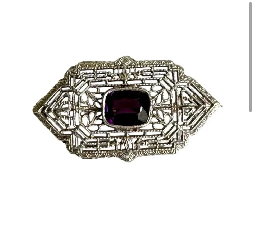 10k White Gold Art Deco Filigree Brooch Amethyst Antique Ornate Pin Estate Piece - 2