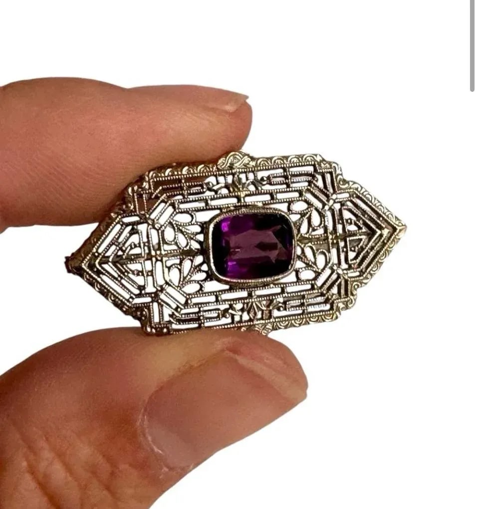 10k White Gold Art Deco Filigree Brooch Amethyst Antique Ornate Pin Estate Piece - 3