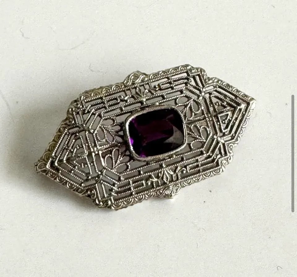 10k White Gold Art Deco Filigree Brooch Amethyst Antique Ornate Pin Estate Piece - 4
