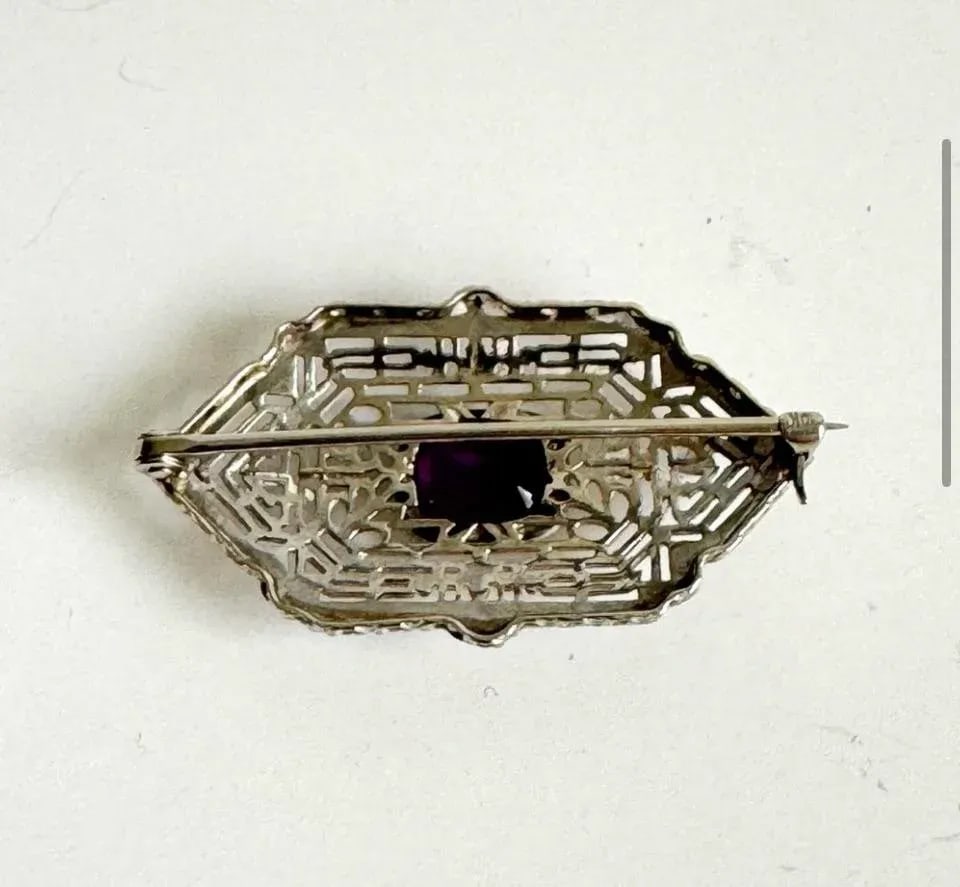 10k White Gold Art Deco Filigree Brooch Amethyst Antique Ornate Pin Estate Piece - 5