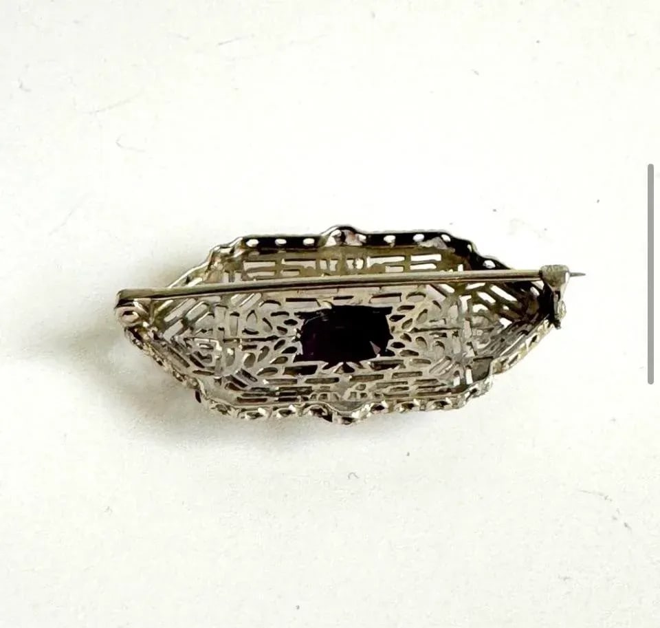 10k White Gold Art Deco Filigree Brooch Amethyst Antique Ornate Pin Estate Piece - 6