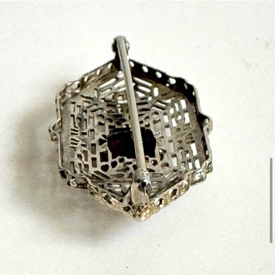 10k White Gold Art Deco Filigree Brooch Amethyst Antique Ornate Pin Estate Piece - 7