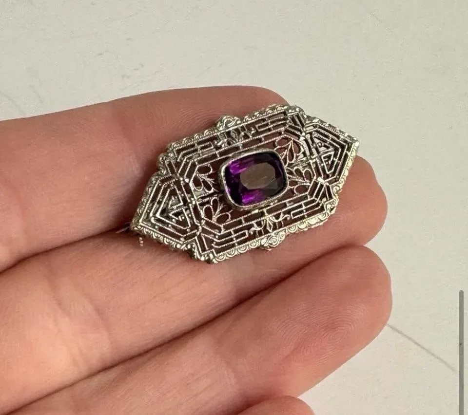 10k White Gold Art Deco Filigree Brooch Amethyst Antique Ornate Pin Estate Piece - 9