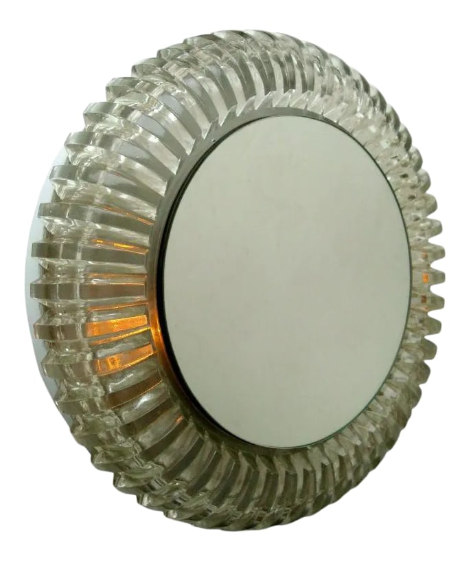 French Pressed Glass Wall Mounted Back Lighted Mirror by Maison Perzel: French glass wall-mounted mirror light by Maison Perzel with two interior light sources. The glass is extremely thick and precisely formed. Meant to be recessed into the wall but can be wall-mounted.