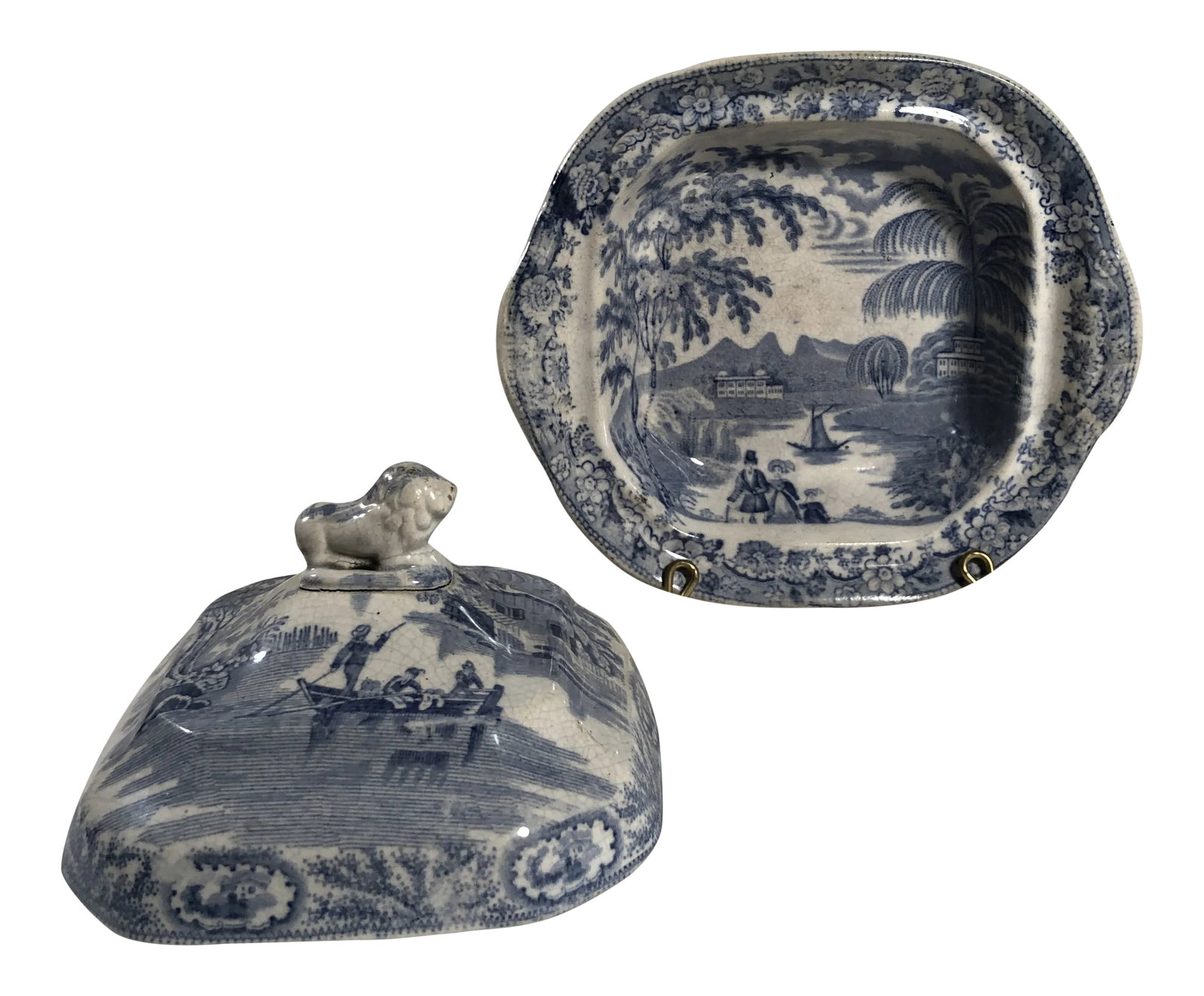 Antique Staffordshire Blue and White Transferware Covered Dish Bowl: Lovely small covered Staffordshire dish with an unusual lion finial. Maker and pattern unknown. Condition: Alterations: Original Condition Unaltered Imperfections: Some Imperfections Condition Notes: